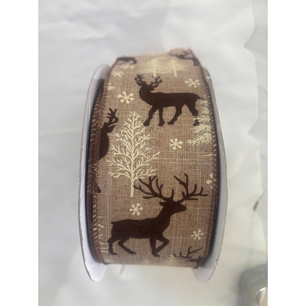 Holiday Woodland‎ Deer Pine Tree, Snow Flake Design Wire-Edged Ribbon 2.5" Wide